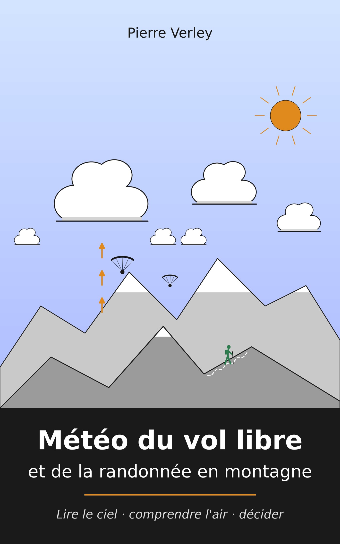 Couverture du livre : un parapente au-dessus des crêtes, un randonneur sur le sentier, sous les cumulus.
